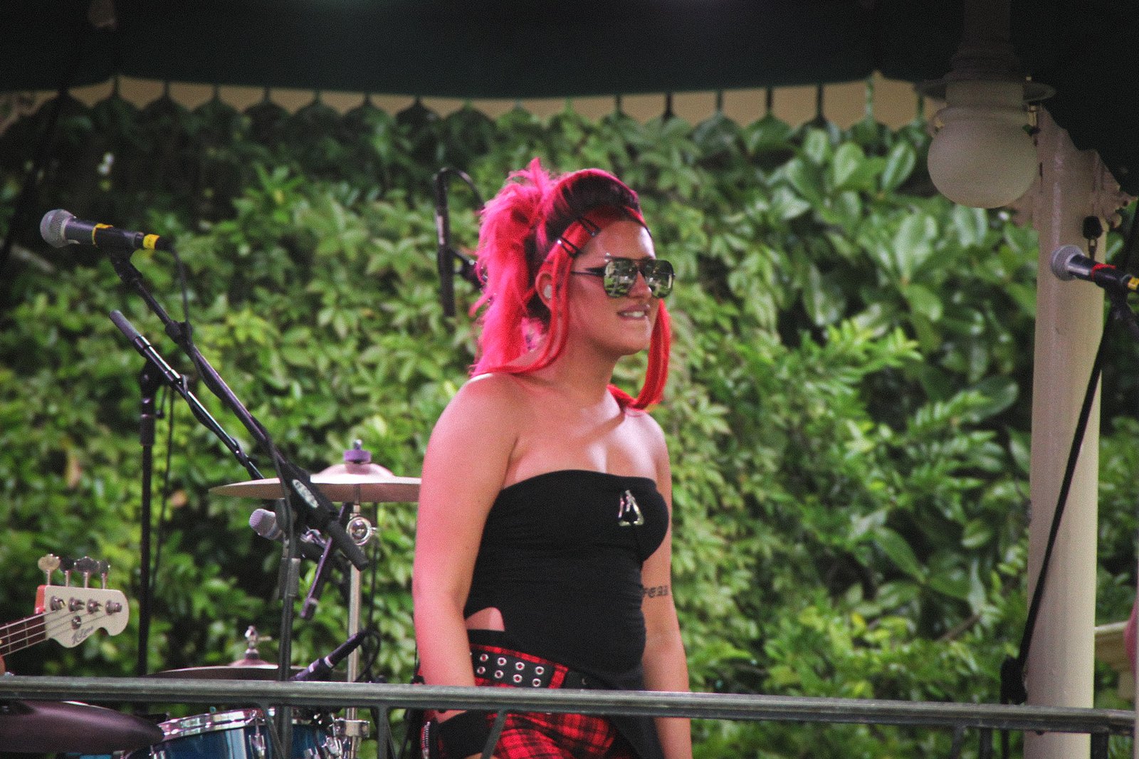 Cantante de cabello rosa durante un recital